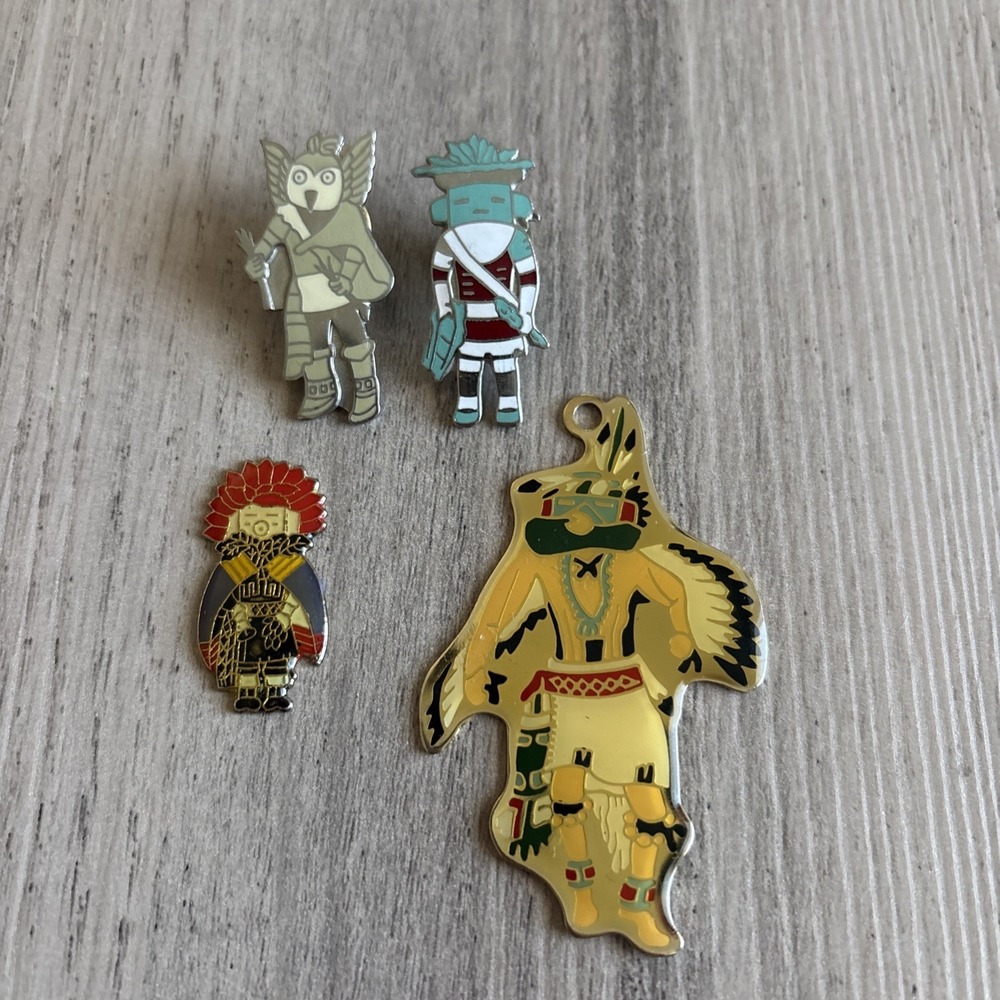 Lot Of 4 Native Southwestern Hopi Kachina Doll Enamel Gold /silver Tone Vtg